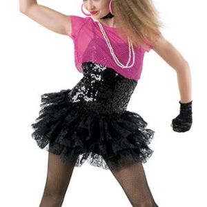 WEISSMAN Material Girl Black Sequin & Lace Ruffle Dance Dress Costume S 80s